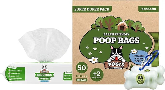 Pogi's Dog Walk n' Wipe Combo - Pogi's 750 Dog Poop Bags + 2 Poop Bag Holders and 100 Plant-based Grooming Wipes Bundle - ...