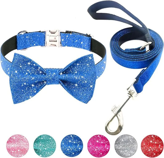 Bling Bow Tie Dog Collar and Leash Set, Cute Blue Boy Dog Collar with Bow and 5ft Leash for Small Medium Dogs Daily Walkin...