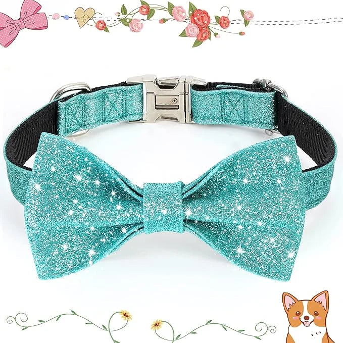 Bling Dog Bow Tie Collar for Small Medium Dogs, Cute Teal Boy Dog Collar with Bow for Daily Walking or Christmas Holiday (...