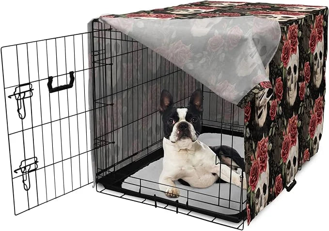 Lunarable Halloween Dog Crate Cover, Mexican Sugar Skull Rose Bouquets Spooky Traditional Humour Culture, Easy to Use Pet ...