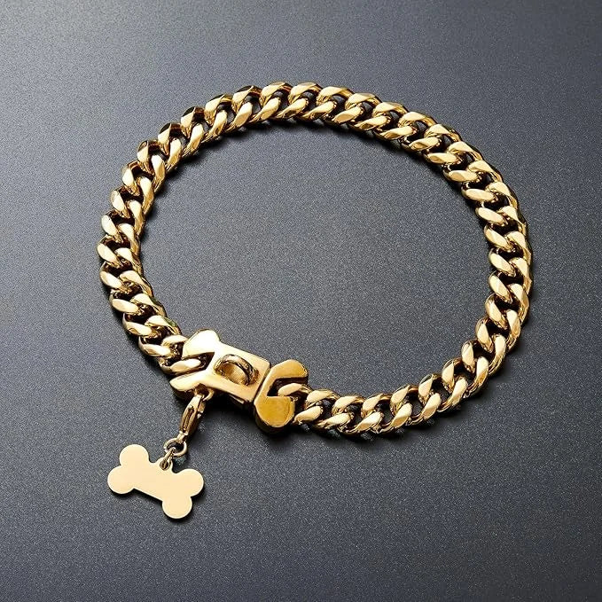 15mm Wide Strong Stainless Steel Bone Style Buckle Gold Dog Chain Collar,18K Gold Plated Cuban Link Chain Dog Necklace Col...