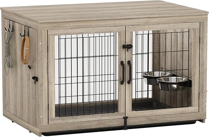 Piskyet Wooden Dog Crate Furniture with 360°Rotatable Removable Dog Bowls, Dog Crate End Table with Tray, Double Doors Dog...
