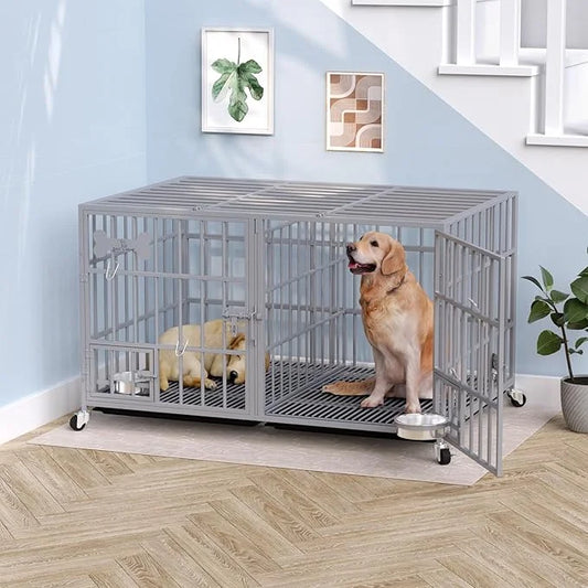 aboxoo 48/42 inch Heavy Duty Metal Dog Crate for 2 Dogs/Large Dog,All Metal Open Top,Dog Kennel Indoor with Wheels,Floor G...