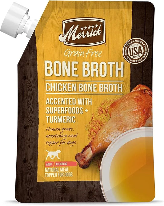Merrick Grain Free Bone Broth, Premium Human Grade And Gluten Free Dog And Cat Food Topper Pouches, Chicken - 16 oz. Pouch...