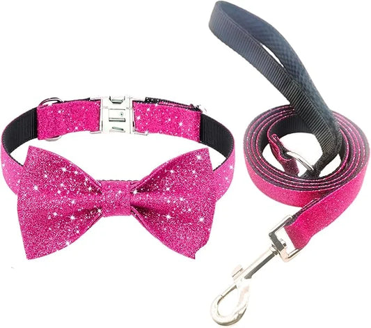 Bling Bow Tie Dog Collar and Leash Set, Cute Pink Girl Dog Collar with 5ft Leash for Small Medium Dogs Daily Walking or Ho...