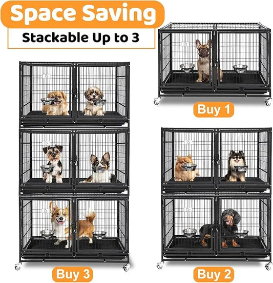Homey Pet 43 Inch Metal Open Top Stackable Heavy Duty Dog Cage Kennel with Three Door, Metal Floor Grid, Tray, Wheels, Div...