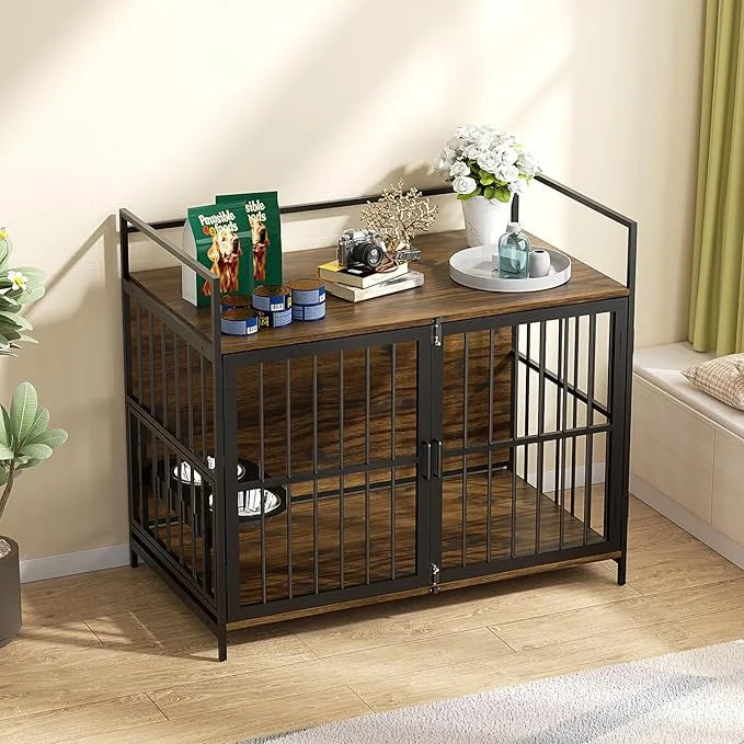 LOVMOR Dog Cage Furniture with Rotating Feeder Bowls, Dog Kennel Indoor with Cushion, Dog Crates for Small and Medium Dogs...
