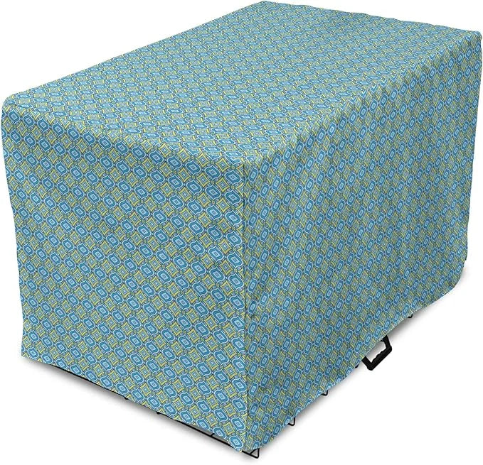 Lunarable Yellow and Blue Dog Crate Cover, Hand Drawn Abstract Ornament Rhombus Shapes Mosaic Vintage, Easy to Use Pet Ken...
