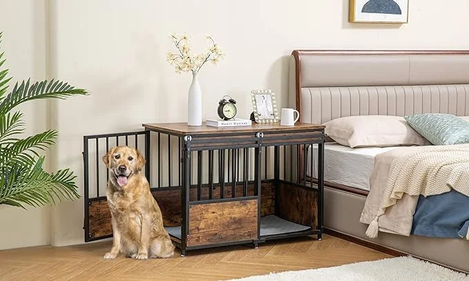 KOOPRO 40 Inch Dog Crate Furniture with Cushion for Large Medium Dogs, Wooden Heavy Duty Dog Kennel with Double Doors, Dec...
