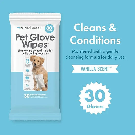 Petkin Pet Glove Wipes for Dogs and Cats, 30 Wipes - Double-Sided Cleaning Wipes - Gently Cleans Ears, Face, Butt, Body an...