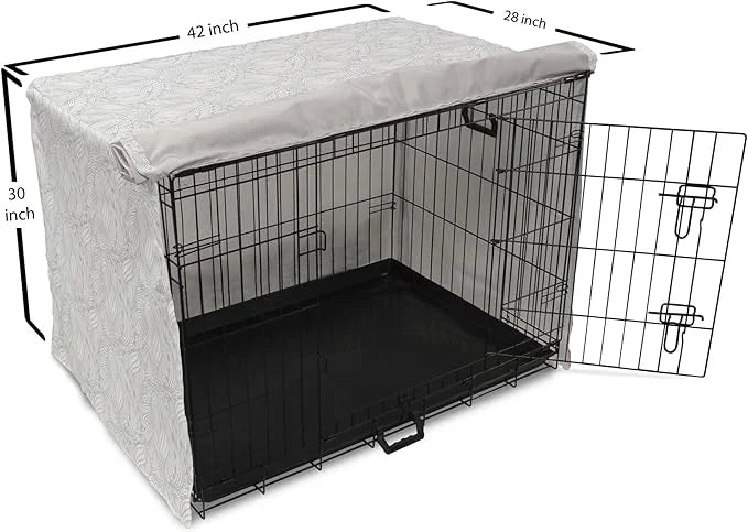 Ambesonne Grey and White Dog Crate Cover, Doodle Style Botanical Leaves Pattern Shabby Ornamental, Easy to Use Pet Kennel ...