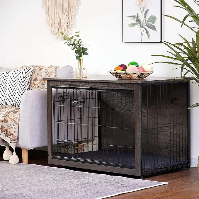 DWANTON Dog Crate Furniture with Cushion, Wooden Kennel Table with Double Doors, Indoor Dog House, Large Size, 38.5" L, Da...