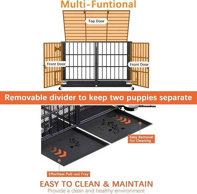 54 inch XL Dog Crate for Large Dog/Double Medium Dogs,Heavy Duty Metal Dog Cages,All Metal Open Top,Dog Kennel Indoor with...