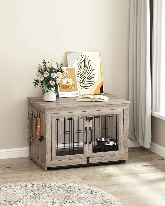 Piskyet Wooden Dog Crate Furniture with 360°Rotatable Removable Dog Bowls, Dog Crate End Table with Tray, Double Doors Dog...
