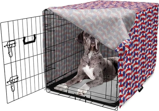 Lunarable Football Dog Crate Cover, Wavy Stripes and National Sport in American USA Inspired Colors, Easy to Use Pet Kenne...