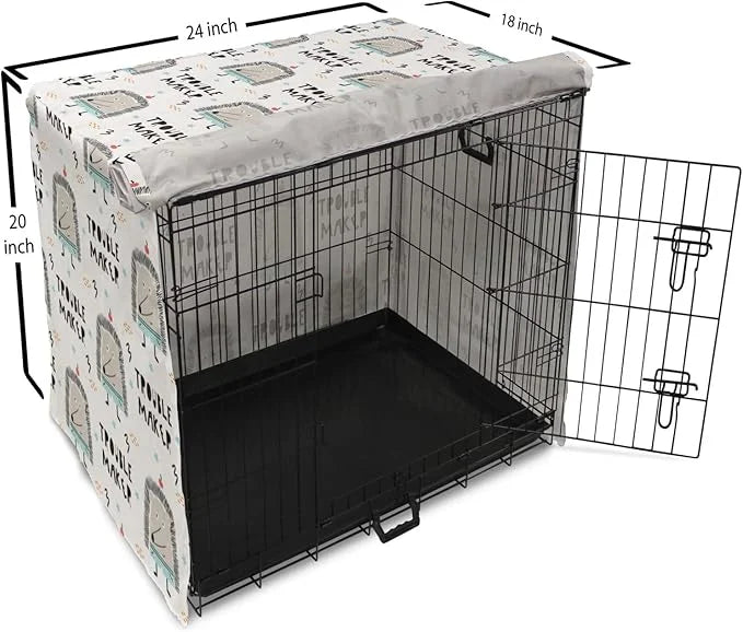 Lunarable Cartoon Dog Crate Cover, Hedgehog Trouble Maker Lettering with Apple and Stars Bad Boy Print, Easy to Use Pet Ke...