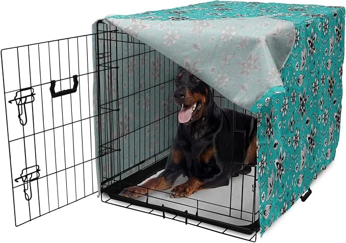 Lunarable Flower Dog Crate Cover, Abstract Monochrome Floral with Botanical Items, Easy to Use Pet Kennel Cover for Medium...