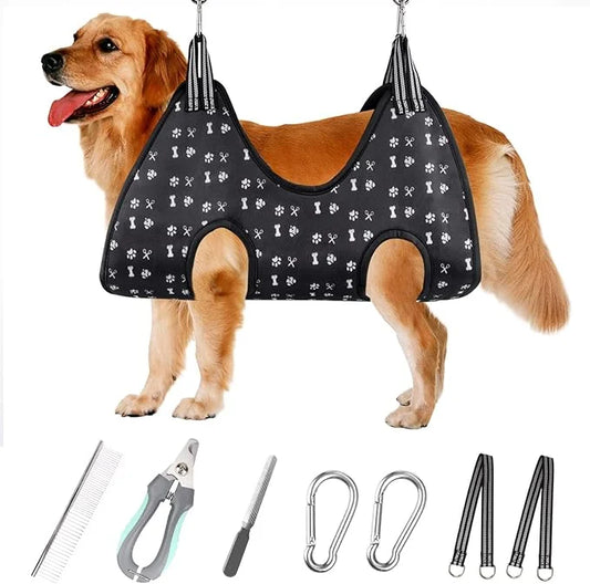 Pet Grooming Hammock Harness with Nail Clippers/Trimmer, Nail File, Comb, Cute Printed Breathable Cats & Dogs Hammock Slin...