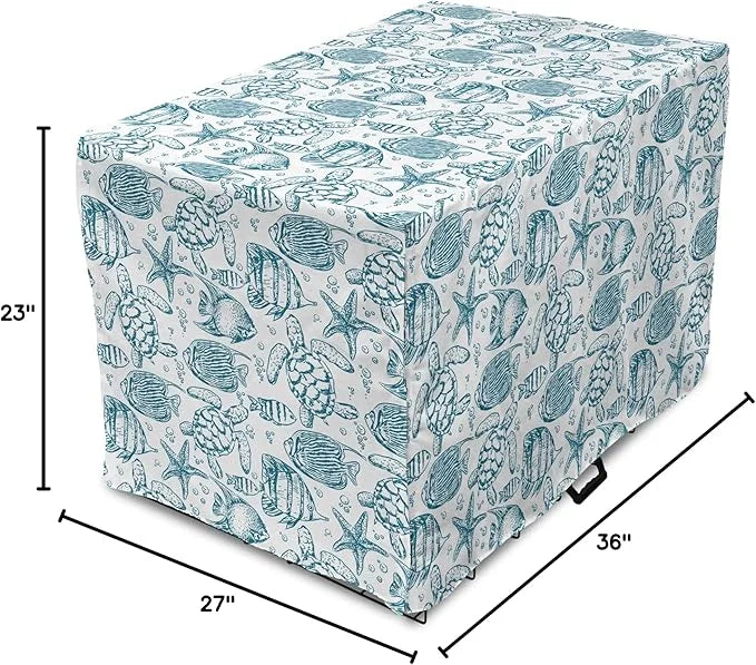 Lunarable Under The Sea Dog Crate Cover, Hand Drawn Sketch Art Style Fauna of The Sea Turtle Starfish and Fishes, Easy to ...