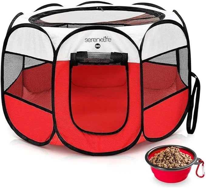 SereneLife On-The-Go Foldable Portable Pet Tent 8-Panel Playpen for Dog & Cat w/Food/Water Bowl, Mesh Exercise Puppy Playg...