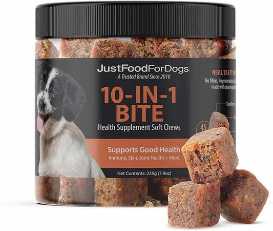 JustFoodForDogs 10-in-1 Multifunctional Supplement Chews for Dogs, Superfood Blend, Glucosamine, Omega-3 Fatty Acids, Skin...