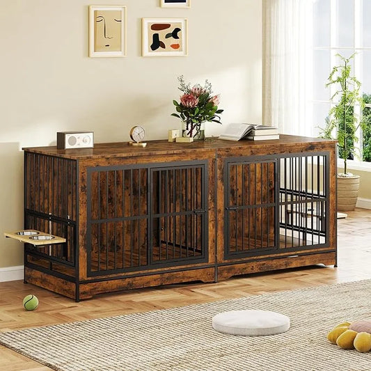 Rovibek 78 Double Dog Crate Furniture for 2 Large Dogs Indoor, Wooden Furniture Dog Crates with Dog Bowl, Dog Kennel Furni...