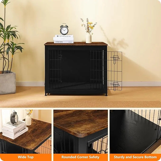DWANTON Dog Crate Furniture with Cushion, Wooden Kennel Table with Double Doors, Indoor Dog House, Medium Size, 32.5" L, B...