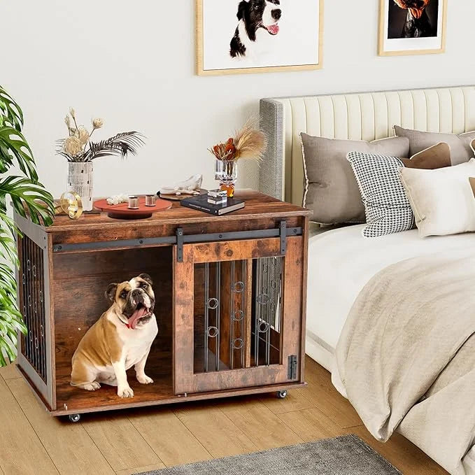 2 Rooms Dog Crate Furniture with Movable Divider,39" Wooden Dog Crate Table,Wooden Dog Kennel Pet House Cage,Flip Top 39.3...