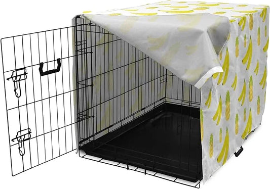 Lunarable Yellow Pineapple Dog Crate Cover, Continuous Ananas and Banana Tropical Fruits Print, Easy to Use Pet Kennel Cov...