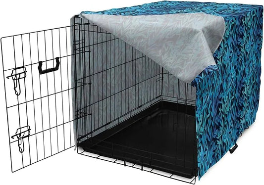 Lunarable Leaf Print Dog Crate Cover, Watercolor Hawaiian Inspired Nature Exotic Silhouettes on Dark Back, Easy to Use Pet...