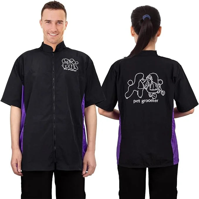 Noverlife Short Sleeves Pet Grooming Workwear With Full Zipper, 3XL Size, Anti-Static Beautician Smock, Lightweight Groome...