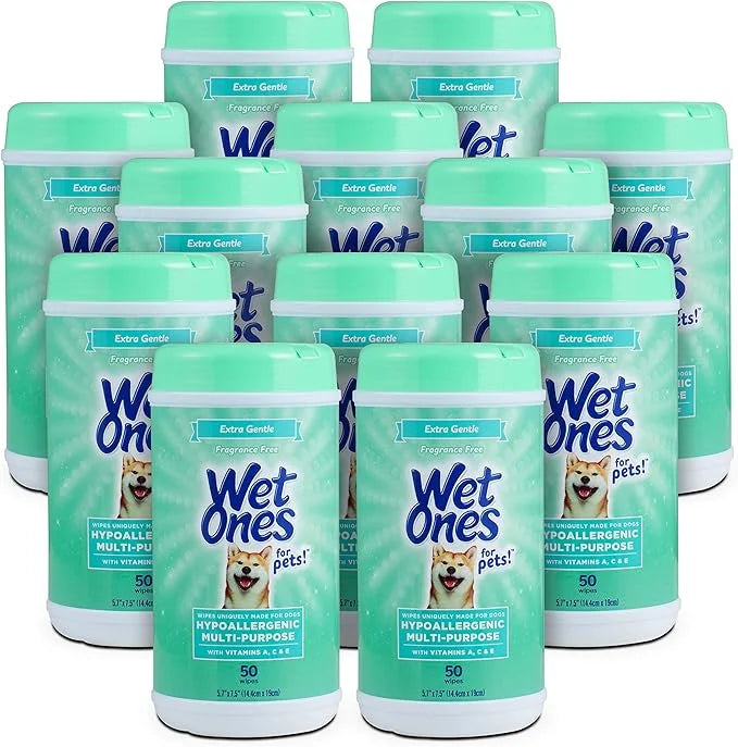 Wet Ones for Pets Hypoallergenic Multi-Purpose Dog Wipes with Vitamins A, C & E, 50 Count - 12 Pack | Fragrance-Free Hypoa...