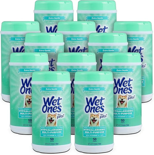 Wet Ones for Pets Hypoallergenic Multi-Purpose Dog Wipes with Vitamins A, C & E, 50 Count - 12 Pack | Fragrance-Free Hypoa...