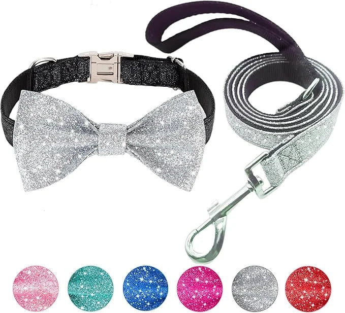 Bling Bow Tie Dog Collar and Leash Set, Cute Black Boy Dog Collar with Bow and 5ft Leash for Small Medium Dogs Daily Walki...