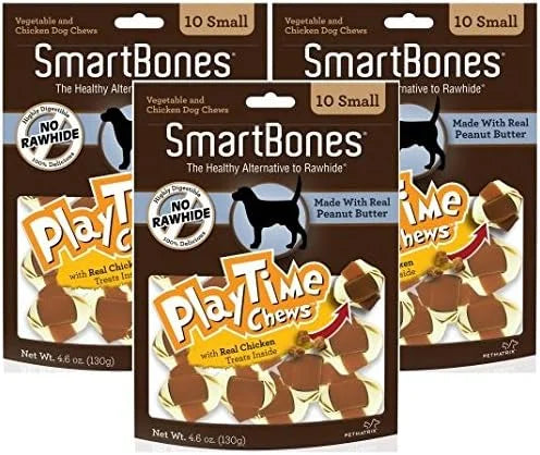 (3 Pack) Smart Play Time Small Peanut Butter Treat Chews for Dogs - 10 Bones per Pack - Product Image