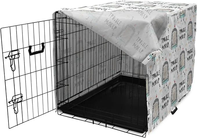 Lunarable Cartoon Dog Crate Cover, Hedgehog Trouble Maker Lettering with Apple and Stars Bad Boy Print, Easy to Use Pet Ke...