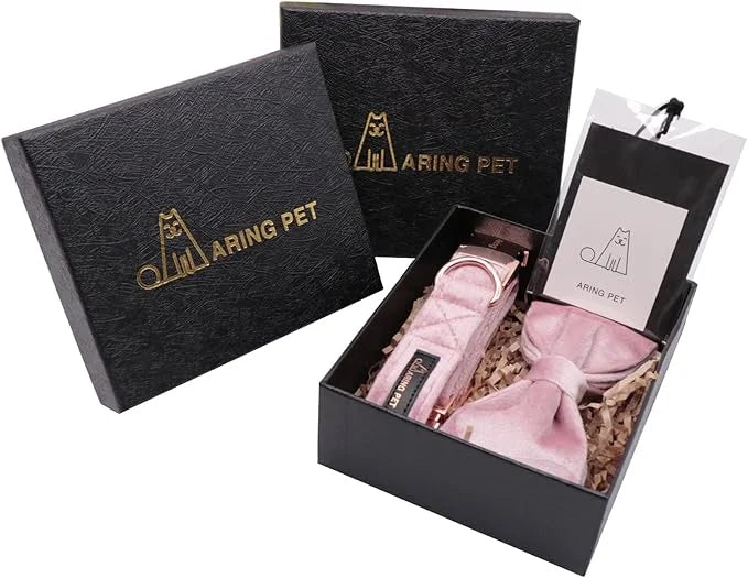 ARING PET Velvet Dog Collars with Bow tie, Bowtie Dog Collar, Cute Pink Collar for Girl and Boy Dogs,Large. - Product Image