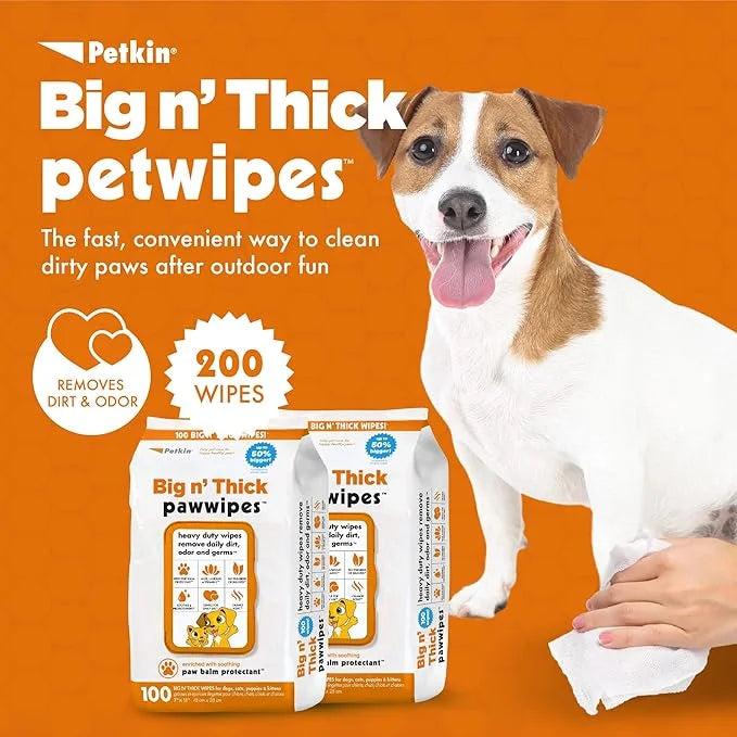 Petkin Big N' Thick Paw Wipes for Dogs, 200 Large Wipes - Clean Dirty Paws After Walks, with Paw Balm Protectant - Keep Fl...