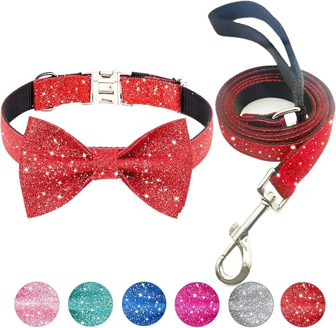 Bling Bow Tie Dog Collar and Leash Set, Red Christmas Dog Collar with Bow and 5ft Leash for Medium Dogs, Cute Walking Boy ...