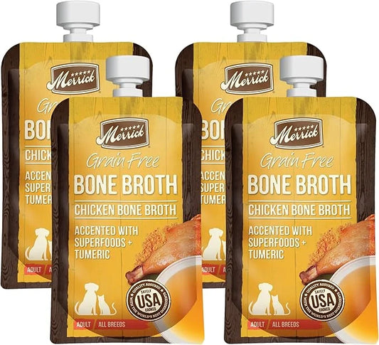 Merrick Grain Free Bone Broth, Premium Human Grade And Gluten Free Dog And Cat Food Topper Pouches, Chicken - 7 oz. Pouch ...