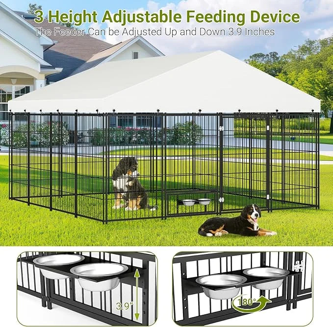 Rovibek 10x10 FT Dog Kennel Outside, Dog Kennels Outdoor with 2 Height Adjustable Rotating Feeder Bowls, Dog Enclosure Out...