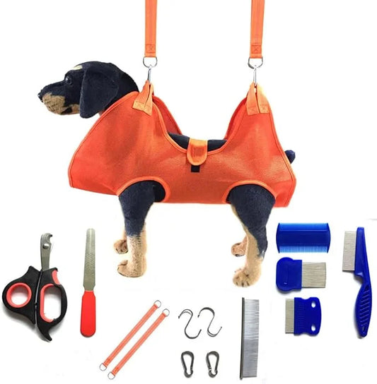 Dog Grooming Hammock with Flea Comb and Dog Nail Clipper, Pet Dog Grooming Hammock Harness with Cat Nail Clipper, Nail Fil...
