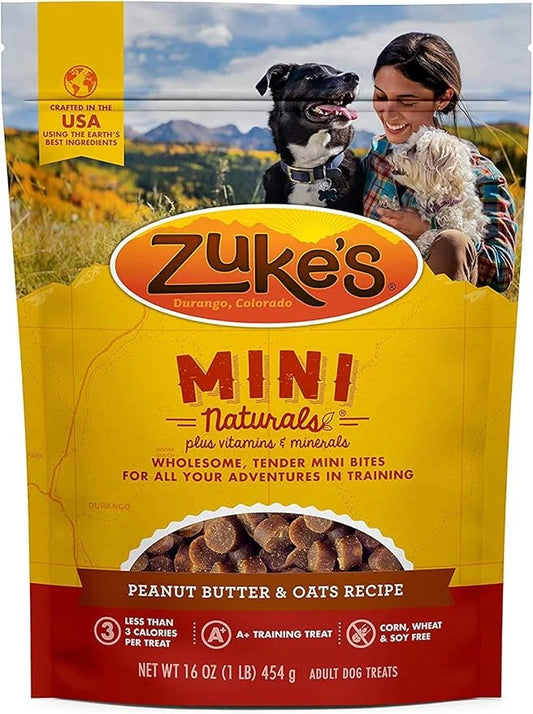 (2 Pack) Zuke Mini Naturals Dog Treats Peanut Butter 16 oz (1 Lb) - Zukes Soft & Chewy Training Treats - with 10ct Wipes -...