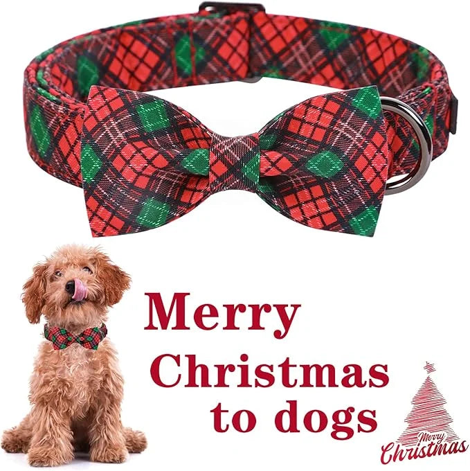 Unique style paws Christmas Dog Collar with Bow Tie Red Green Plaid Adjustable Cotton Puppy Collar for Small Medium Large ...
