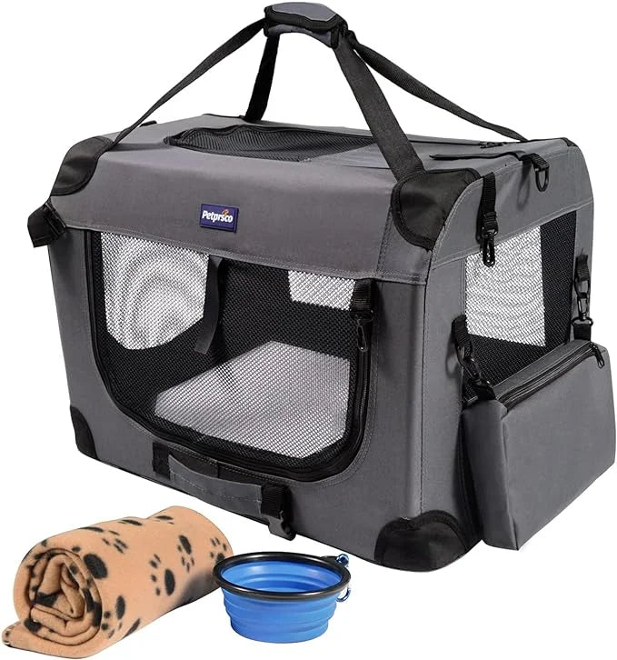 Petprsco Portable Collapsible Dog Crate, Travel Dog Crate 24x17x17 with Soft Warm Blanket and Foldable Bowl for Large Cats...
