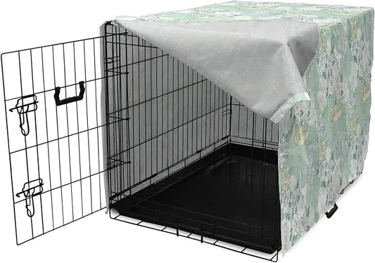 Lunarable Traditional Dog Crate Cover, Japanese Cranes Peonies Cultural Aspects Symbolic of Happy Life, Easy to Use Pet Ke...