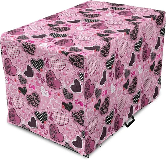 Lunarable Hearts Dog Crate Cover, Sewing Themed Love with Polka Dots Valentine's Day Inspired Image, Easy to Use Pet Kenne...