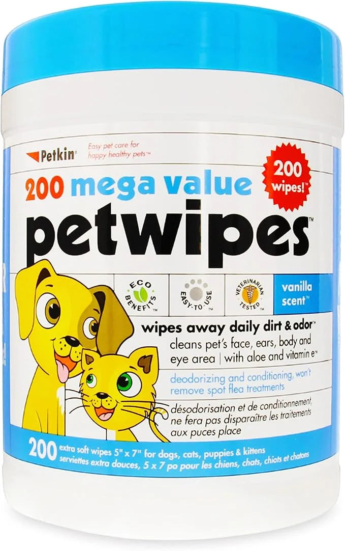 Petkin Mega PetWipes, 200 Wipes - Pet Wipes for Dogs and Cats - For Face, Paws, Ears, Body and Eye Area - Super Convenient...