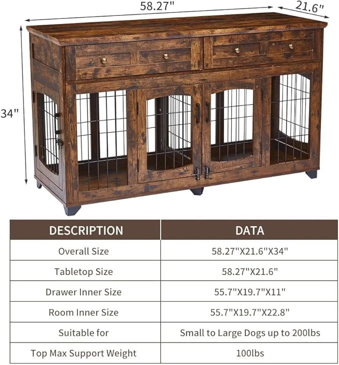 2 Rooms Dog Crate Furniture for Big Breed,58" Wooden Dog Crate Table with 2 Drawers,Indoor Dog Kennel,Dog House,Dog Cage,T...