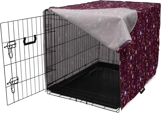 Lunarable Maroon Dog Crate Cover, Pattern of Wildflowers Scene Botanical Spring Time Elements Colorful Blooms, Easy to Use...